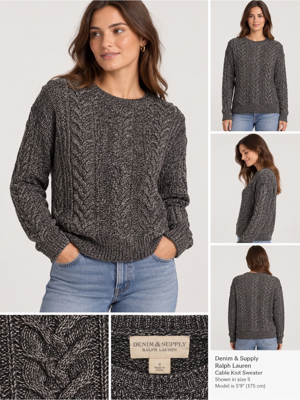 Denim & Supply Ralph Lauren Charcoal Cable Crewneck Sweater